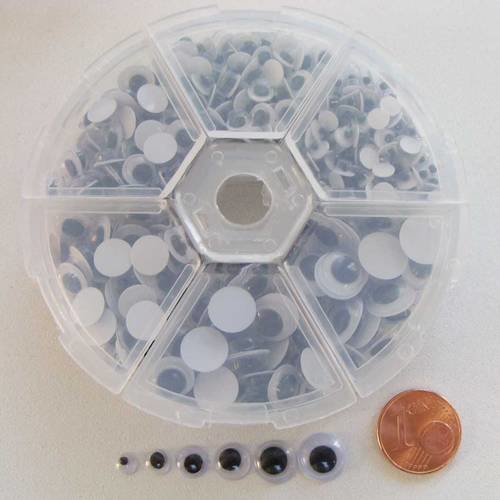 600 yeux mobiles mix tailles 4-9mm simple en plastique à coller en casier 