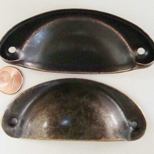 2 poignées coquille aspect vintage 81mm métal couleur bronze mod12