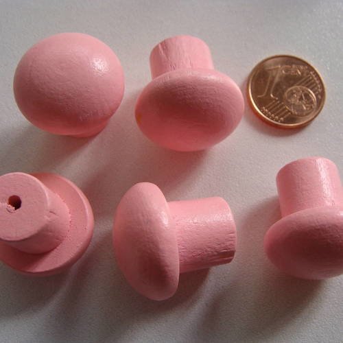 5 poignées bouton en bois peint 20mm rose 