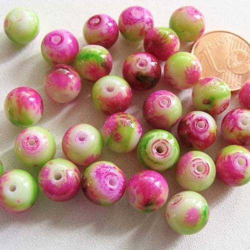 30 perles environ rondes 8mm verre peint rose vert pv-peint-51 