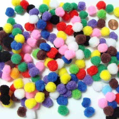 200 pompons ronds 12mm environ peluches polyester mix couleurs 