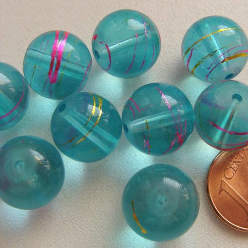 10 perles rondes 12mm verre bleu peint traits rose jaune /pv-peint-27 