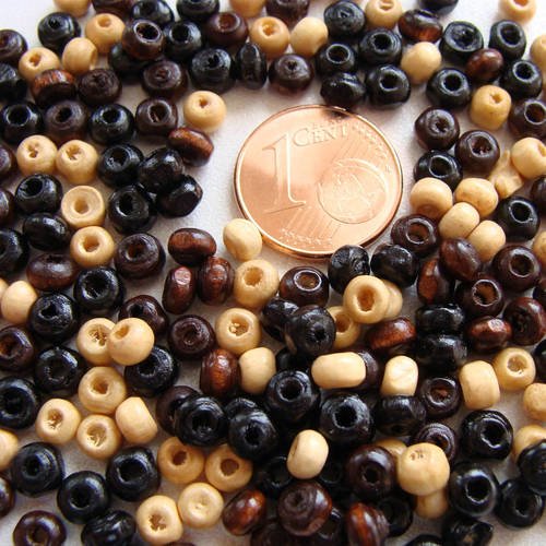 10 grammes (450 perles minimum) perles rondelles 4,5mm bois peint mix noir - creme - marron pb35 