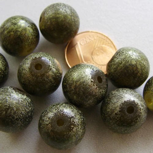 10 perles rondes 12mm verre peint vert kaki pv-peint-22 