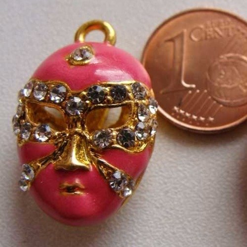 1 pendentif masque venitien émaillé rose fonce strass 20mm support doré