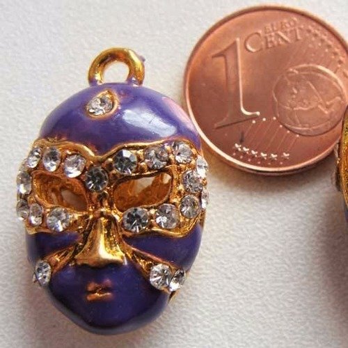 1 pendentif masque venitien émaillé violet indigo strass 20mm support doré