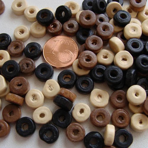 100 perles rondelles 8x3,5mm bois peint mix noir - creme - marron pb34 