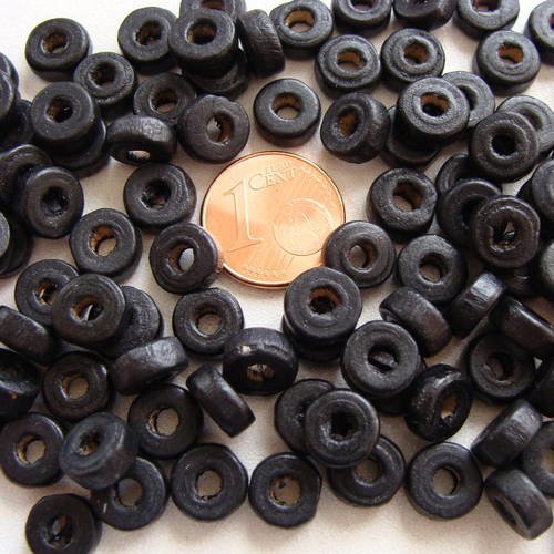 100 perles rondelles 8x3,5mm bois peint noir pb33 