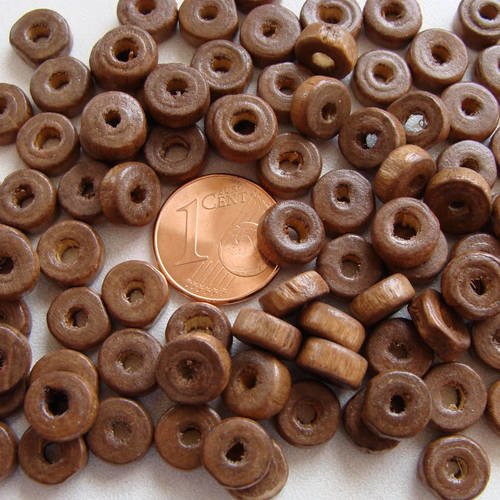 100 perles rondelles 8x3,5mm bois peint marron pb32 