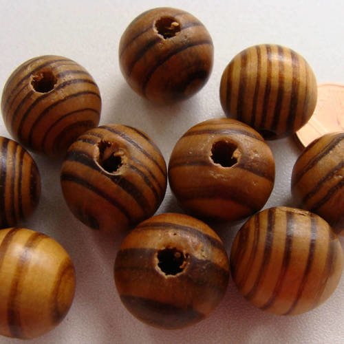 10 perles rondes 16mm bois strie marron / noir pb30 