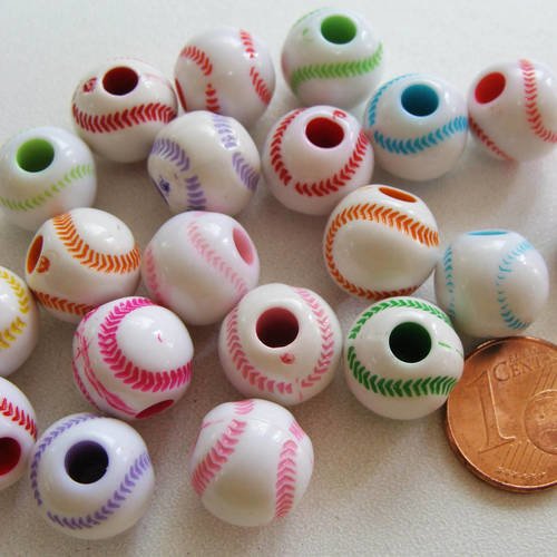 Lot 20 perles baseball rond 12x11mm acrylique mix couleurs res-34 