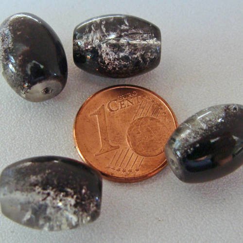 20 perles verre craquele ovales 14x10mm noir transparent 