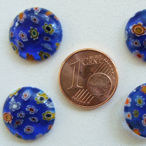 4 cabochons 15mm verre millefiori bleu marine motifs fleurs multicolore