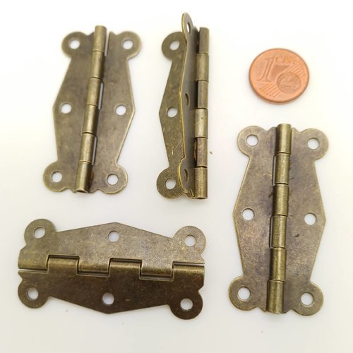 4 charnieres grandes 51x24mm métal couleur bronze boite cartonnage