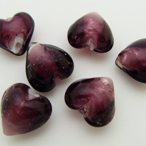 6 perles verre lampwork coeur 12mm ruban argenté violet