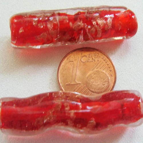 2 perles verre 35x10 mm lampwork tube ondulant touches dorées rouge 