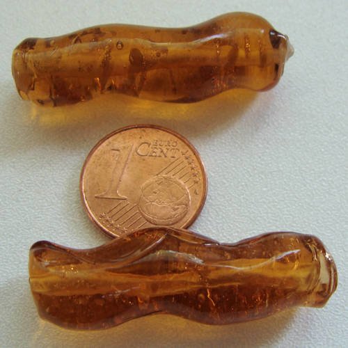 2 perles verre 35x10 mm lampwork tube ondulant touches dorées marron 