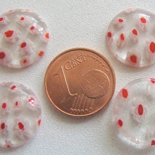 4 cabochons 15mm verre millefiori transparent motifs fleurs rouge