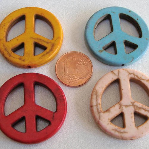 4 perles symbole paix 30mm turquoise synthétique mix couleurs