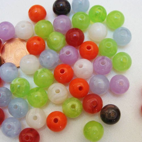 Lot 50 perles rondes 10mm multicolores volutes blanches res-21 