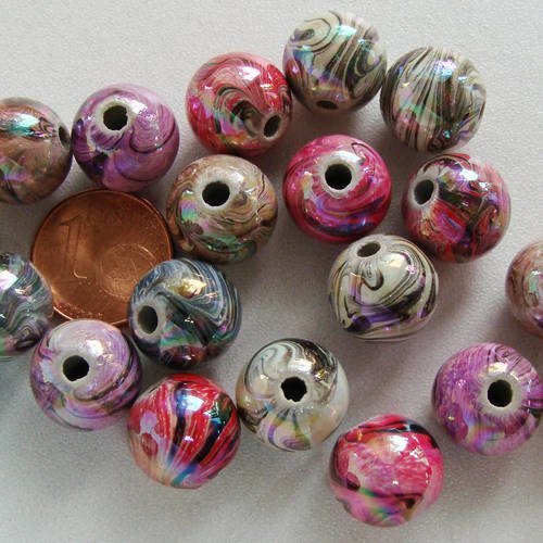 Lot 20 perles rondes 12mm multicolores irisés marbré res-18 