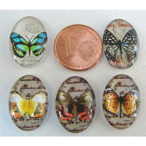 Cabochons 18x13mm verre motifs papillons par 5 pcs cab1 