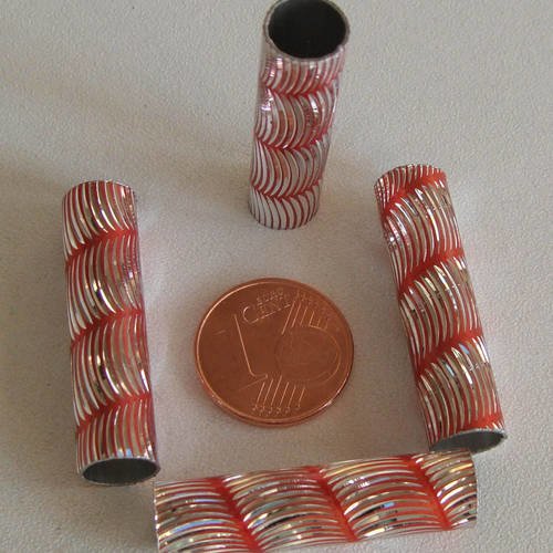 5 perles tubes aluminium 30x8mm strié argenté spirale rouge orangé