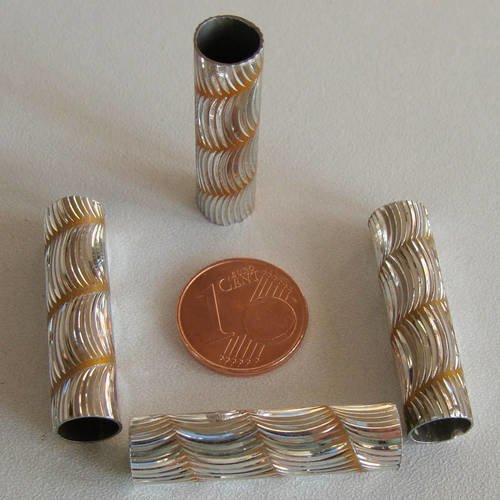 5 perles tubes aluminium 30x8mm strié argenté spirale ocre 