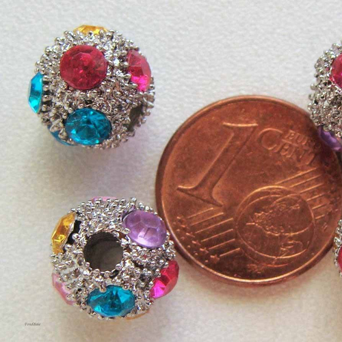 6 perles rondes 10mm support métal argenté + strass multicolores strass-argent-multi-r10 