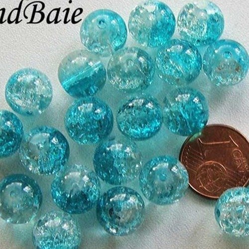 20 perles verre craquele 10mm bicolore bleu transparent création bijoux