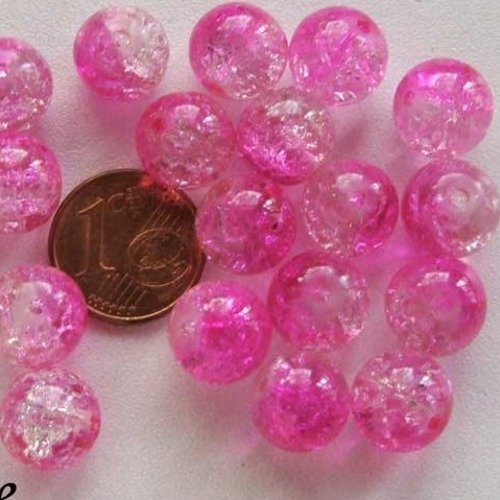 20 perles verre craquele 10mm bicolore rose fuchsia transparent création bijoux
