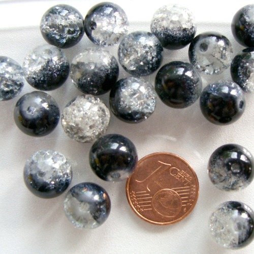 20 perles verre craquele 10mm bicolore noir transparent création bijoux