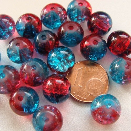 20 perles verre craquele 10mm bicolore rouge bleu création bijoux