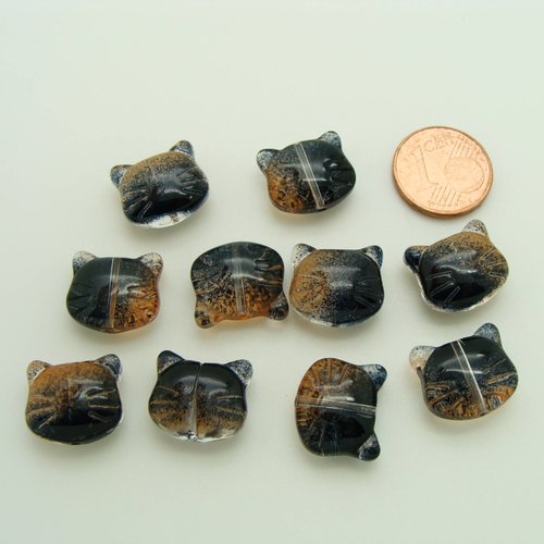 10 perles tête de chat verre 14mm noir et marron création bijoux déco