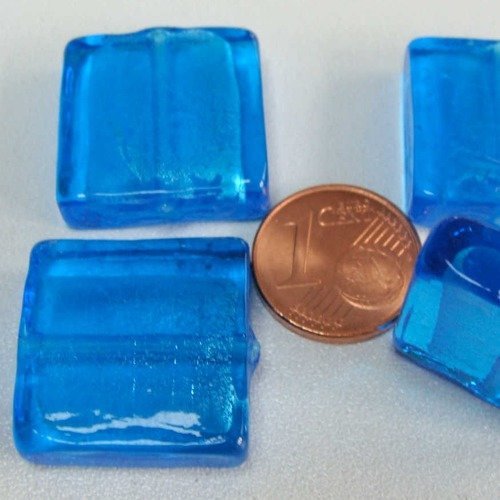 4 perles carrées 20mm bleu vif verre façon murano feuille argentée diy création bijoux