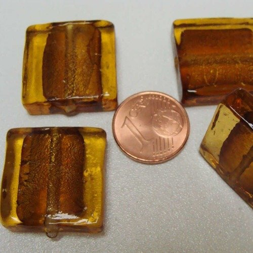 4 perles carrées 20mm marron doré verre façon murano feuille argentée diy création bijoux