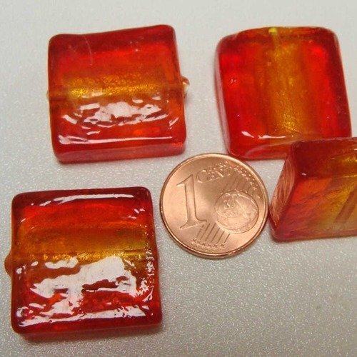 4 perles carrées 20mm rouge orangé verre façon murano feuille argentée diy création bijoux