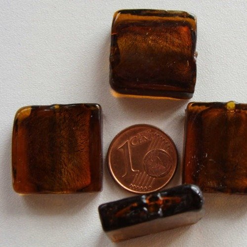 4 perles carrées 20mm marron verre façon murano feuille argentée diy création bijoux