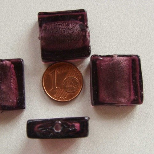 4 perles carrées 20mm violet verre façon murano feuille argentée diy création bijoux