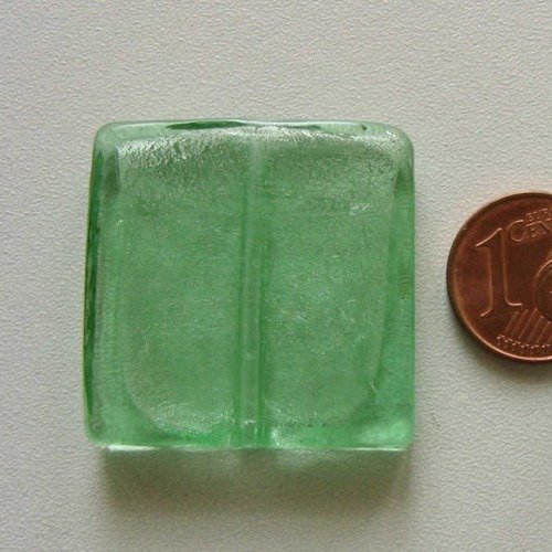 2 perles carrées 30mm vert verre façon murano feuille argentée diy création bijoux