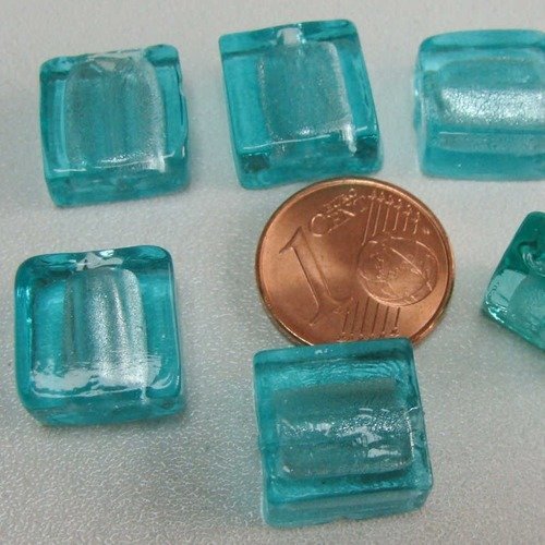 6 perles carrées 12mm bleu vert verre façon murano feuille argentée diy création bijoux