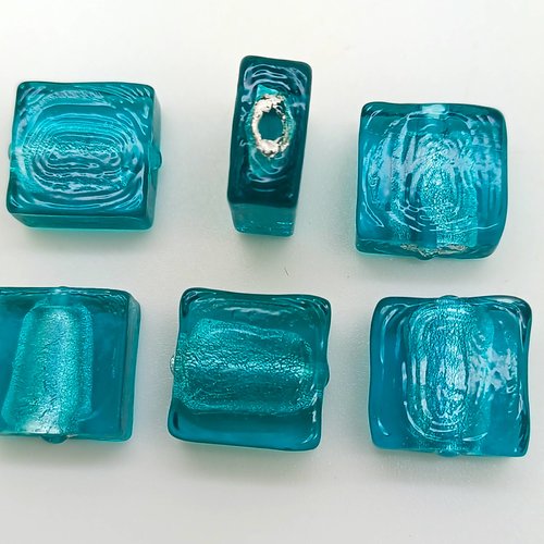 6 perles carrées 12mm bleu vert verre façon murano feuille argentée diy création bijoux