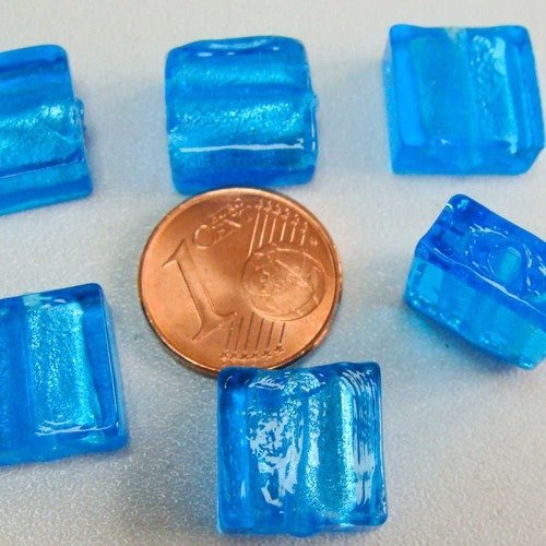 6 perles carrées 12mm bleu vif verre façon murano feuille argentée diy création bijoux