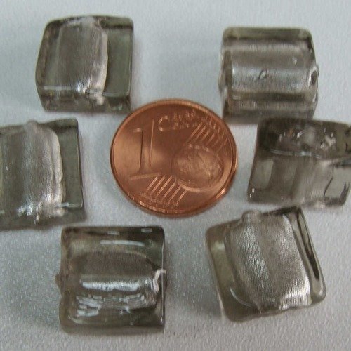 6 perles carrées 12mm gris verre façon murano feuille argentée diy création bijoux