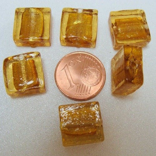 6 perles carrées 12mm marron dore verre façon murano feuille argentée création bijoux