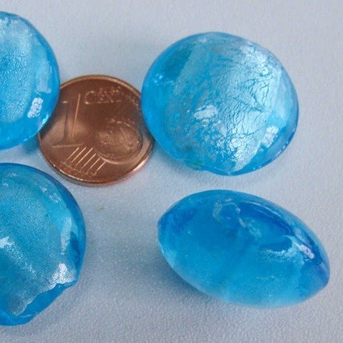 4 perles galets 20mm bleu rond plat verre façon murano feuille argentée diy création bijoux
