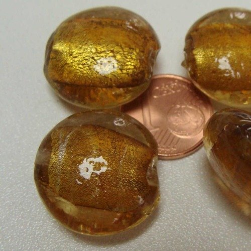 4 perles galets 20mm marron doré rond plat verre façon murano feuille argentée diy création bijoux