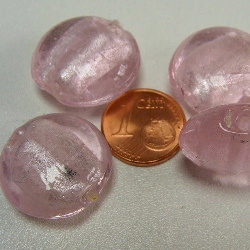 4 perles galets 20mm rose rond plat verre façon murano feuille argentée diy création bijoux