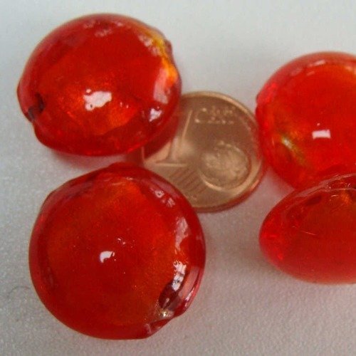 4 perles galets 20mm rouge orangé rond plat verre façon murano feuille argentée diy création bijoux