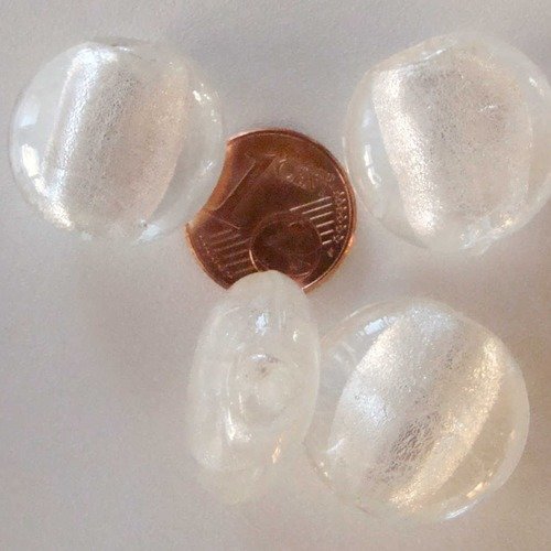 4 perles galets 20mm transparent rond plat verre façon murano feuille argentée diy création bijoux
